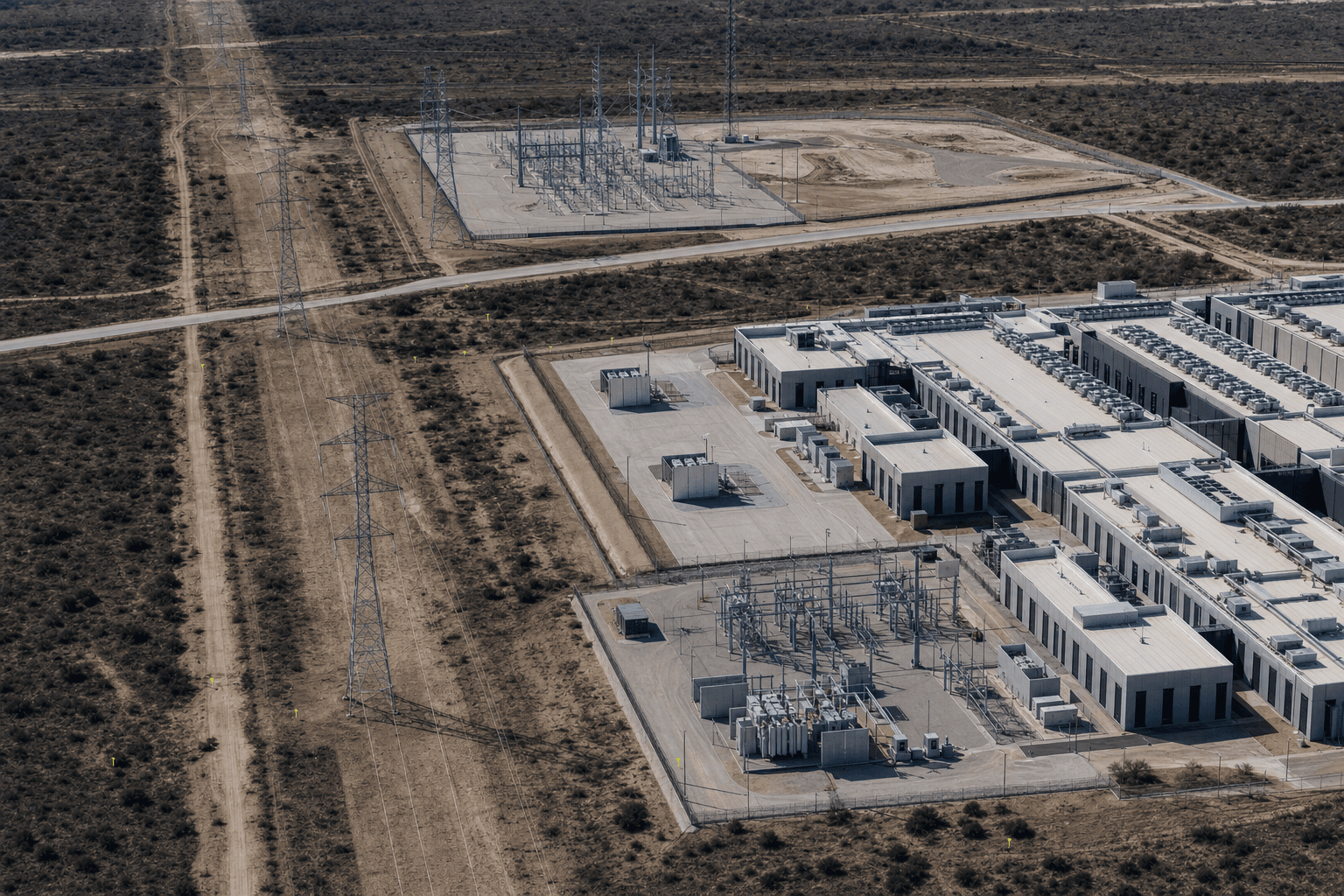 A data-center campus, transmission lines, and a nearby substation in a Texas landscape