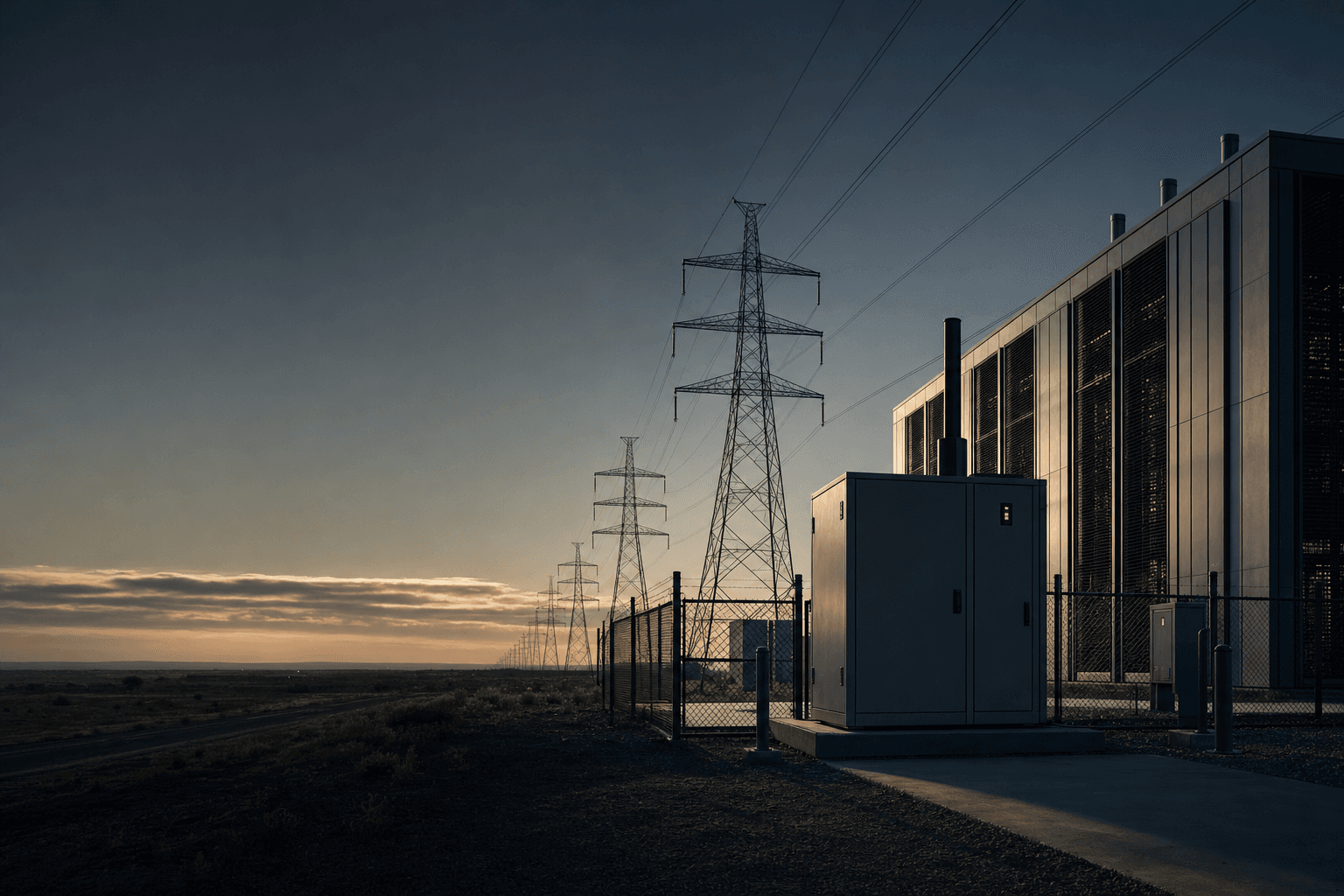 Transmission lines and a data-center campus beside a utility corridor